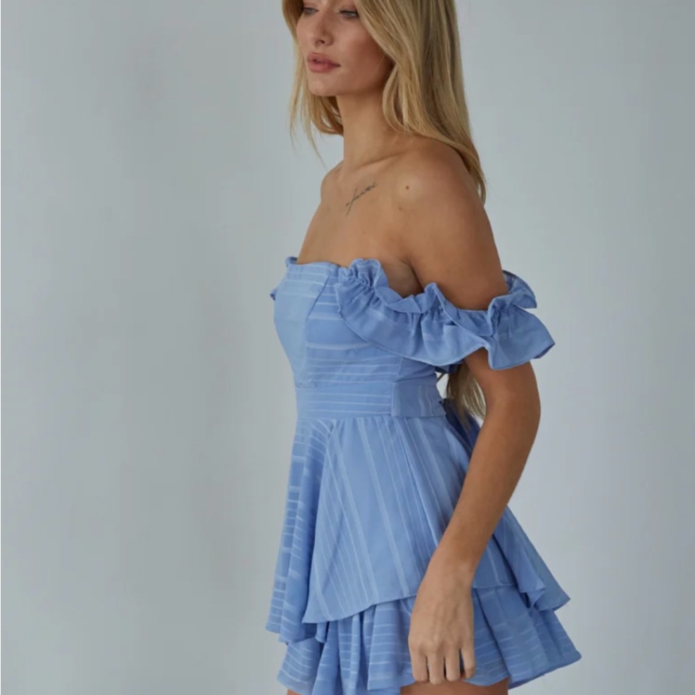 American Threads Off-Shoulder Blue Dress-Romper